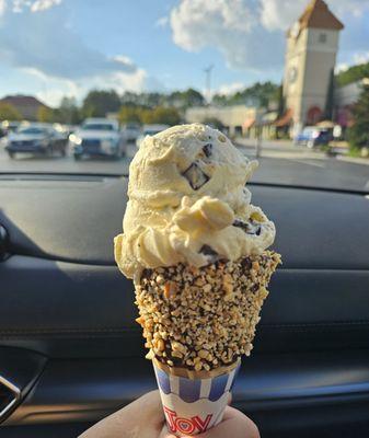 Smores - Vanilla custard, dark choc flakes, marshmallow swirls in a cone.