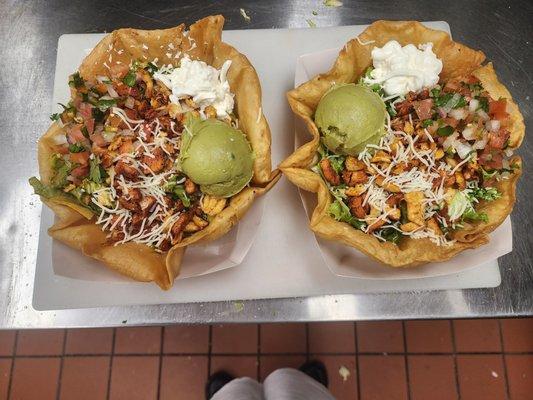 Chicken Taco Salads (Rice, beans, cheese, lettuce  Pico guacamole sour cream  And chicken