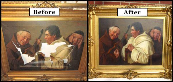 A "before" and "after" example of our art restoration. Offering restoration of works on canvas and paper and restoration of antique frames.