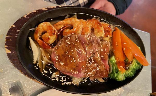 Teriyaki steak and shrimp combo (fried rice upgrade not shown) - $19.99.