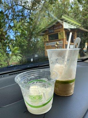 Iced cococinno coffee and side of coconut ice cream.