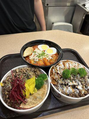 bulgogi cupbob, kimchi fries w/ bulgogi, tteokboki