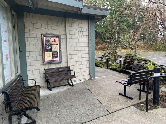 Outdoor seating near the entrance.