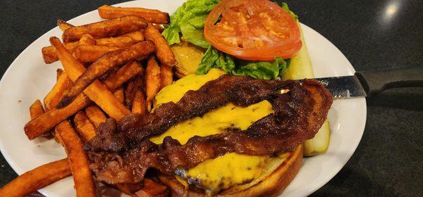 PB Bacon Burg + Sweet Potato Fries!