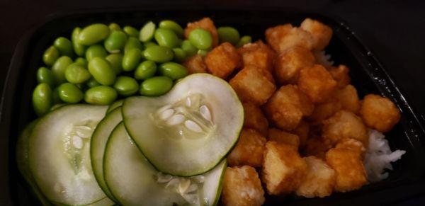 Tofu Rice plate with Edamame and pickled cucumbers in lieu of macaroni salad