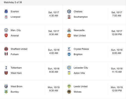 Premier League Soccer Week 5 Schedule