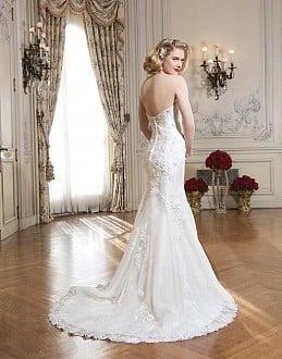 No: 8736 Shown in Ivory/Silver Venice and embroidered beaded lace over a floral organza underlay fit and flare gown.