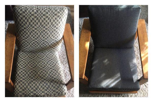 Here is a before and after of a WWII era Navy captains chair, bringing new life to the chair.