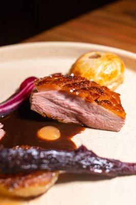 Roasted Dry Aged Duck, Apple Cider,
 Foie Gras Pithivier, Fermented Apple Mostarda