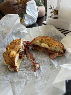 The hot pastrami on a garlic bagel