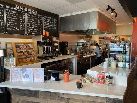 Tiny cafe interior- spotless and efficient.