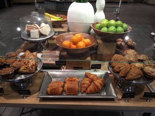 Fresh fruits and pastries. I personally love the sweet, tart and soft cranberry muffins. Also, the scones are top notch.