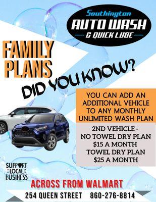 Family Plans, add a vehicle to ANY Unlimited Monthly Wash Plan!