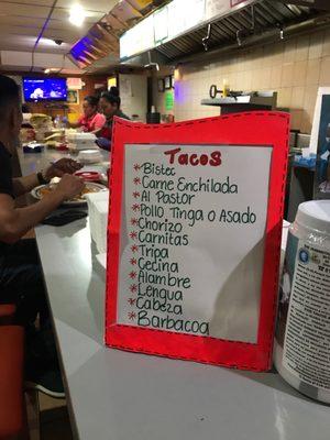 Taco menu