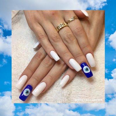 Blue and White Nails