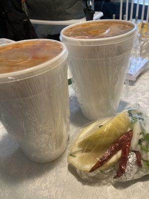 2 Large menudo with baggie of toppings