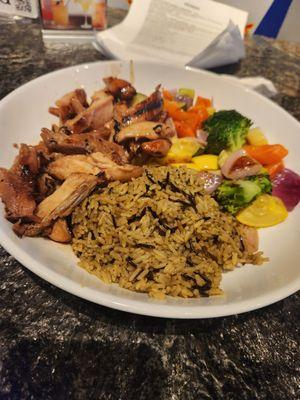 Bourbon Chick, Rice Pilaf, & mixed veggies