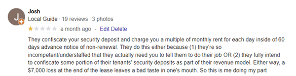 A review they tried to suppress elsewhere. People need to know what they do with your security deposit