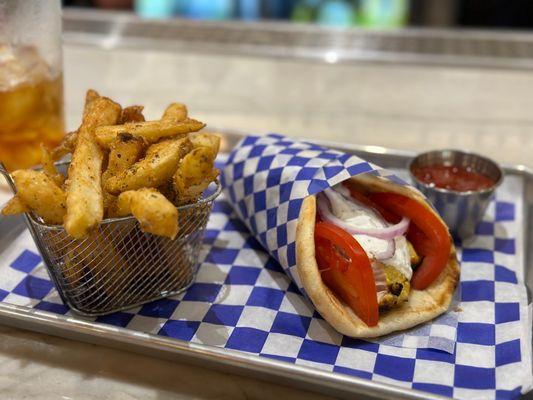 Souvlaki chicken pita and fries