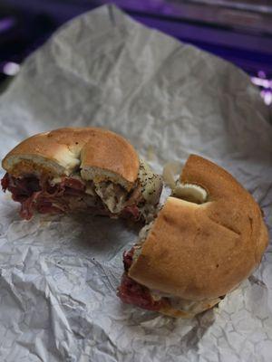 Reuben on a bagel with pastrami