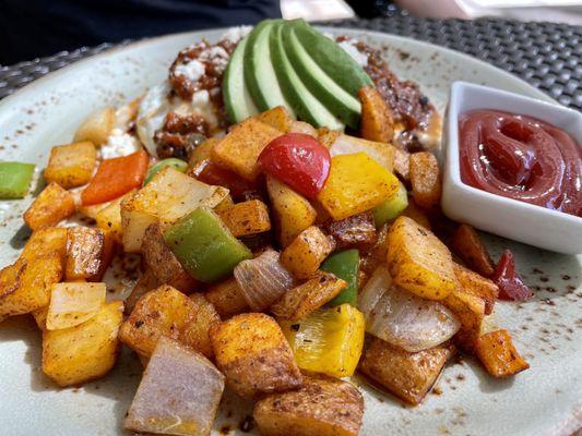 Juevos rancheros with country potatoes