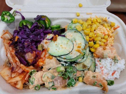 Build ur own box poke: salmon, hamachi in spicy mayo sauce, (immitation) crab salad, spicy crab salad, spicy tuna chopped up in mush.