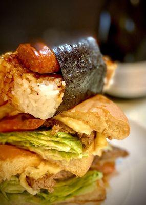 Portuguese Sausage Musubi over ABC Burger