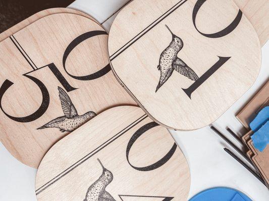 Printed wood table numbers for wedding reception