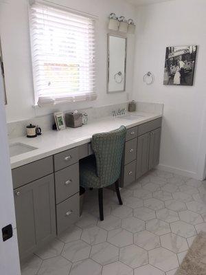 Master bath (painted existing cabinets, new counter, sinks, mirrors and light fixtures.