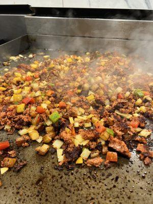 Chorizo hash on the flat top