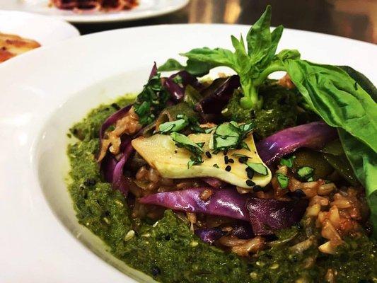 Asian Rice Bowl with Cilantro Basil Sauce and Seasonal Veggies