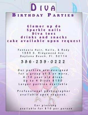 Little Girl birthday parties. Up to 9 little girls with hair/makeup/mani/pedi services