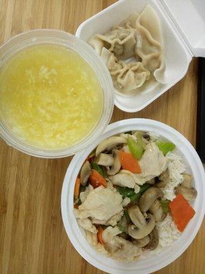 Moo Goo Gai Pan Lunch Special ($6.20 - White Rice and Egg Drop Soup) + Steamed Duplings ($1)