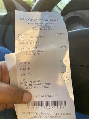 Receipt from smoothie king