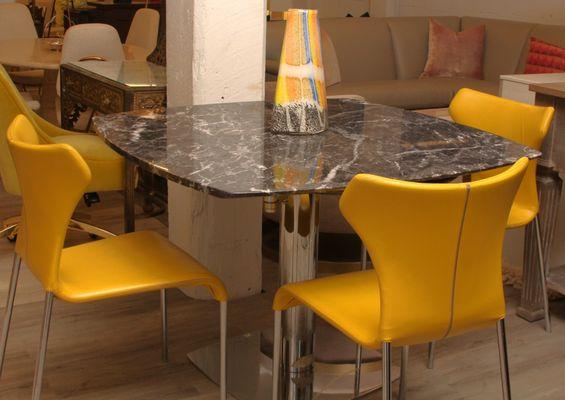 Modern Italian Marble Dining Table, Set of 3 B&B Italia Papilio Chairs by Naoto Fukasawa, and a Handblown Large Murano Vase.