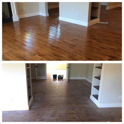 Before and After of a move-out cleaning. We cleaned and shined the floors to brand new.