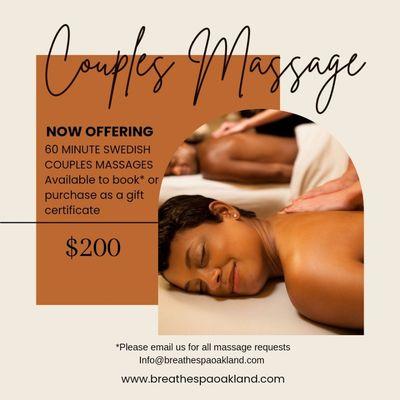 Introducing Couples Massage at Breathe Day Spa