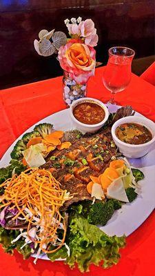 PLA TOD 
Crispy Whole Flounder Served With Chili Garlic Sauce