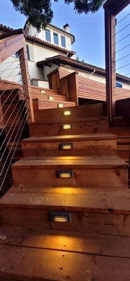 Lighted redwood stairs