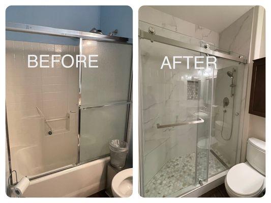 1980's shower tub updated to contemporary walk in shower, tiled to the ceiling!