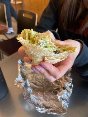 Steak burrito with avocado and white rice