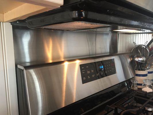 Zinc sheet from Riverside tacked to wall behind stove. 30" x 24" Thanks, Corey. Worked perfectly!