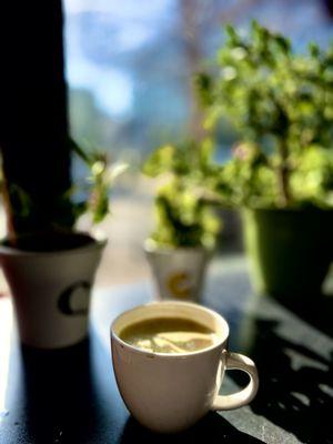 Matcha honey latte with shot of expresso