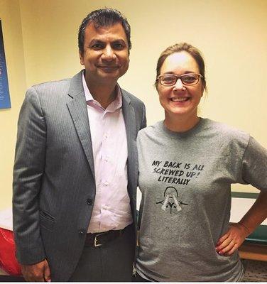 Dr. Mathur's patient was so happy she made herself a t-shirt following spine surgery, complete with two sparkling screws!