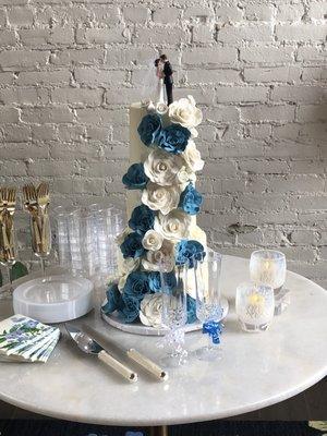 Wedding cake and accessories.