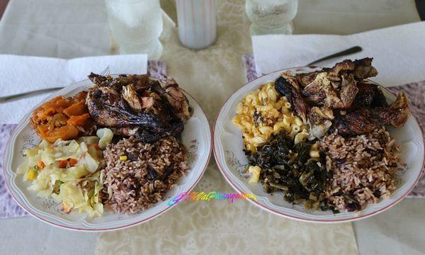 Jerk Chicken-rice-yams-mac&cheese-cabbage-greens.