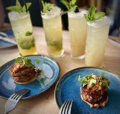 Fried Green Tomato appetizer with Passion Fruit Mojitos and Deconstructed Pina Coladas