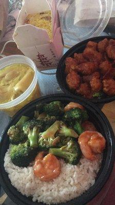 Shrimp with broccoli and garlic sauce (lunch special), orange chicken, wonton and egg drop soup and pork fried rice.