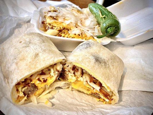 Sausage,egg,hashbrown &cheese breakfast burrito & chili-cheese fries w/onion & jalapeño. Great.