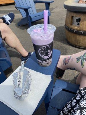 Taro smoothie with regular boba and Crystal boba